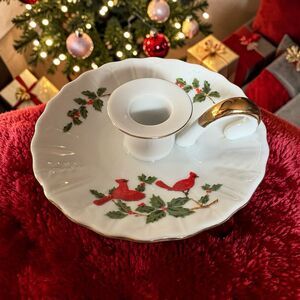 Christmas Holly Cardinal Finger Loop Taper Candle Holder Japan 1984 #04554